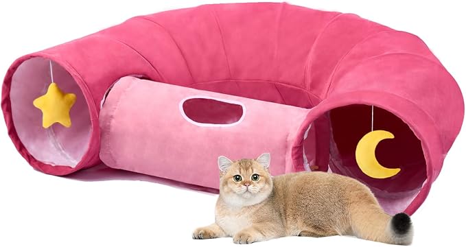 Cat Tunnel, Large Indoor Durable Collapsible Interactive Cat Tube with Peek-A-Boo Hole, Hanging Toys, and Crinkly Paper Lining - Cute Tunnel for Cats, Kittens, Puppies & Rabbits, Pink