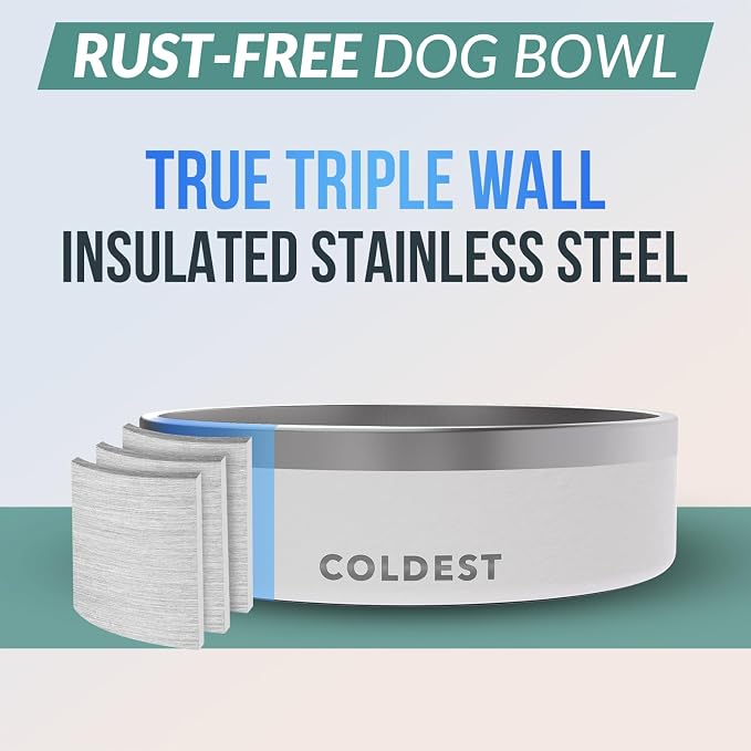 Coldest Dog Bowl - Anti Rust Metal, Non Slip, 3 Layers Insulated Stainless Steel Dog Bowls - Spill Proof & Heavy Duty - Water Bowl for Dogs, Cats & Pets, Dish Washer Safe (42 oz, Epic White)