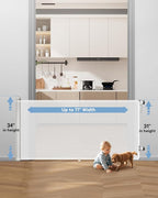 Extra Wide Retractable Baby Gate 71" Wide Fits Large Opening White | Extra Long Mesh Baby & Pet Gate with Anti-Crawling Hook, Safety Lock, No Bottom Bar for Hallway, Open Spaces & Indoor/Outdoor