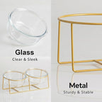 Elevated Dog Bowl Set of 2 - Double Glass Bowls with Gold Iron Stand - Raised Dishes Comfortable Feeding - Ideal for Small to Medium Sized Dogs
