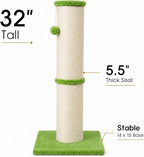 PAWSCRAT 32-Inch Tall Cat Scratching Post, 5.5-Inch Diameter, Sisal, Green | Natural Sisal Scratching Surface with a Dangling Ball for Indoor Cats, Scratch-Resistant Durable and Protect Your Furniture