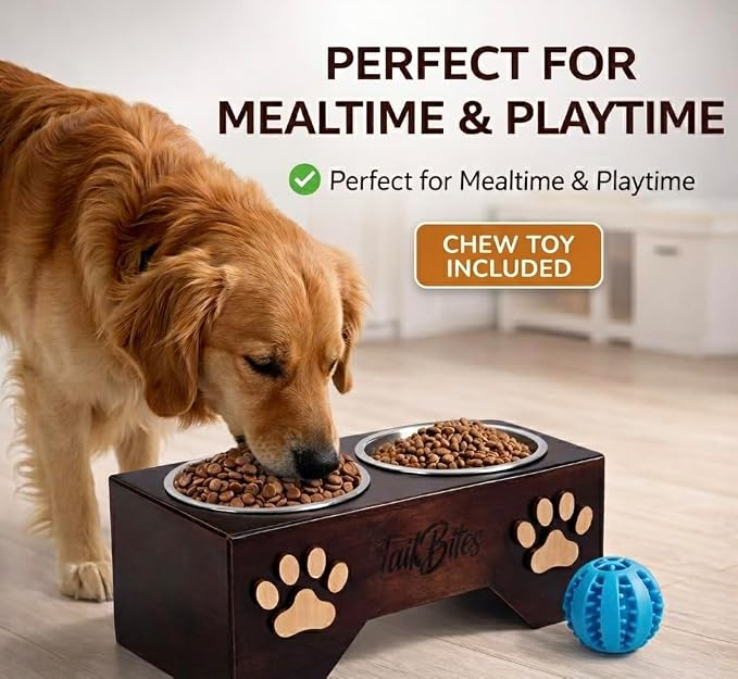 Raised Dog Bowls for Medium Sized Dogs – Wooden Elevated Dog Feeder Stand with 2 Stainless Steel Bowls + Chew Treat (14” x 7” x 6”)