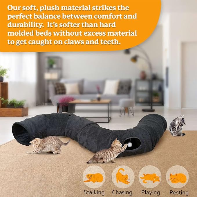 Cat Tunnel Bed with 2 Catnip Fish Toys (1000mg Natural Catnip) Interactive Cat Toys, Cat Tubewith Kitten Toys for Indoor Kittens, Collapsible Play Tunnel, Dark Grey