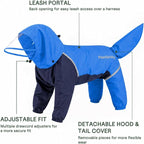 Full-Body Dog Raincoat with Detachable Hood, Waterproof Reflective Dog Rain Jacket with Tail Cover, Adjustable Fit and Leash Portal for Rainy Walks, Blue, Large