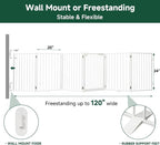 Snagle Paw Full Metal Freestanding Dog Gate with Door, 120” W x 24” H Pet Gate with Support Feet for Doorways, Stairs and Hallways, Portable Dog Fence for Indoor Use (24" 6 Panel, White)