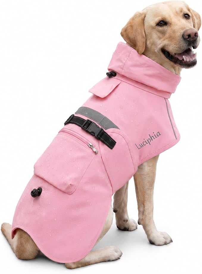 Luciphia Dog Raincoat, Adjustable Hooded Reflective Jacket with Pocket | Pink X-Large dog rain jacket with leash hole, buckle-on, non-stick fur. For daily walks.