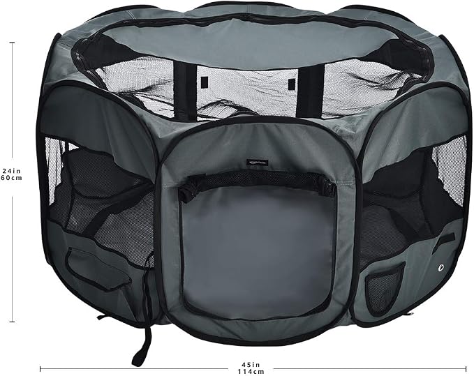 AmazonBasics Foldable Octagonal Indoor/Outdoor Portable Soft Pet Dog Playpen with Storage Pockets, Large (45 x 45 x 24 inches), Grey