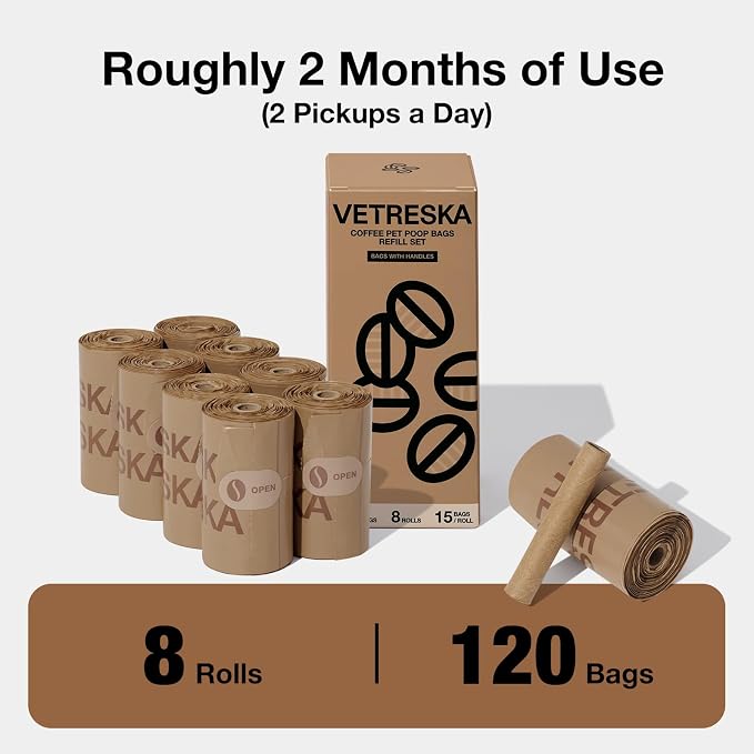VETRESKA Dog Poop Bags with Handles 120 Count, Coffee Scented Waste Bags | Leak-Proof Thick Dog Bags for Poop, Easy-Tie Large Poop Bags, 8 Refill Rolls for Dog Walking Cat Litter