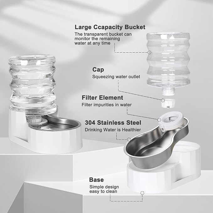 RIZZARI 5L Gravity Cat Water Dispenser: Filtered for Small Pets | Reduced Refills / Stainless Steel Bowl / Anti Splash Base /BPA-Free Materials/ Easy Cleaning / Kitchen Living Room Use