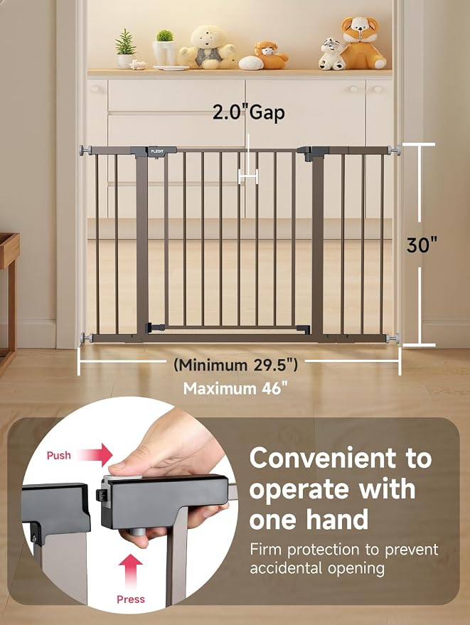 Baby Gate for Stairs, 30'' Tall 29.5-46" Extra Wide Dog Gate for Stairs Walk Thru Auto Close Metal Pet Gate for The House, Stairs and Doorways Child Gate Pressure Mounted Safety Gate Indoor - Brown