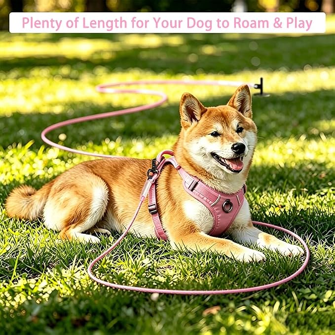Dog Tie Out Cable - Chew Proof Steel Wire Lead - 360° Tangle Free Outdoor Leash for Pups - Dog Runner Cable for Small to Medium Dogs (Pink, 45lbs/100ft)