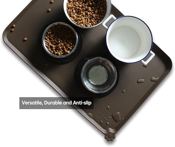 Hoki Found Large Silicone Pet Food Mats Tray - Non Slip Pet Dog Cat Bowl Mats Placemat - Dog Pet Cat Feeding Mat - Waterproof Dog Cat Food Mats -Pet Water Mats for Floors - Coffee