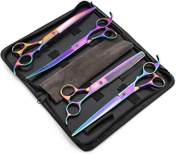 Moontay Professional 8.0" Dog Grooming Scissors Set, 4-pieces Straight, Upward Curved, Downward Curved, Thinning/Blending Shears for Dog, Cat and Pets, JP Stainless Steel, Multicolour | Straight, Upward Curved, Downward Curved, Thinning/Blending Shears...