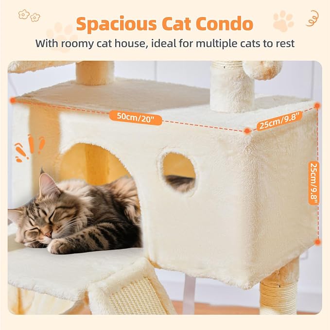 Taoqimiao Sturdy Cat Tree, 58In Cat Tower for Indoor Cats Large Adult | Spacious Cat Condo, 2 Cute Perches, Metal Frame Cozy Hammock, 1 Scratch Board, 8 Natural Sisal Posts, Basket, Beige, MS026M
