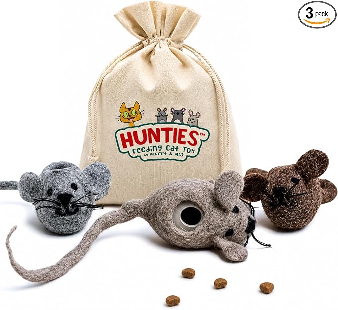 ALBERT & MIA Hunties™ Cat Treat Puzzle Dispenser Toy with 3 Wool Mice | Interactive slow feeder for kittens and indoor hunters, curbs overeating, boredom, natural hunting instinct enrichment play