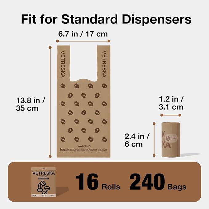 VETRESKA Dog Poop Bags with Handles 240 Count, Coffee Scented Waste Bags | Leak-Proof Thick Dog Bags for Poop, Easy-Tie Large Poop Bags, 16 Refill Rolls for Dog Walking Cat Litter