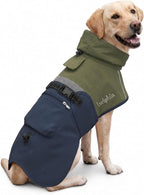 Luciphia Dog Raincoat, Adjustable Hooded Reflective Jacket with Pocket | Olive Navy X-Large dog rain jacket with leash hole, buckle-on, non-stick fur. For daily walks