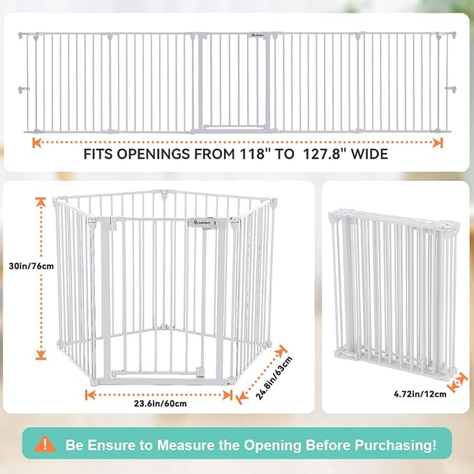COMOMY 127.8" Extra Wide Baby Gate, Dog Gate for House Stairs Doorways | Auto Close Pet Gate with Door Walk Through, 5 Metal Panels, Hardware Mounted Baby Fence Indoor Outdoor(30" Tall,White)