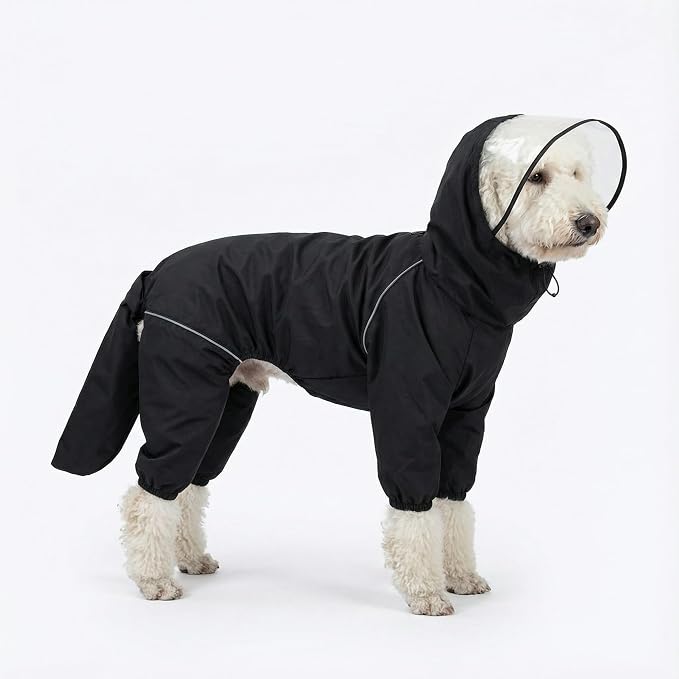 Dog Raincoat for Medium Large Dogs,rain Jacket Coat, Full Leg Coverage Waterproof Rain Suit with Detachable Hood & Tail, Reflective Strips，Labrador Retriever (Black for Boy, Large)