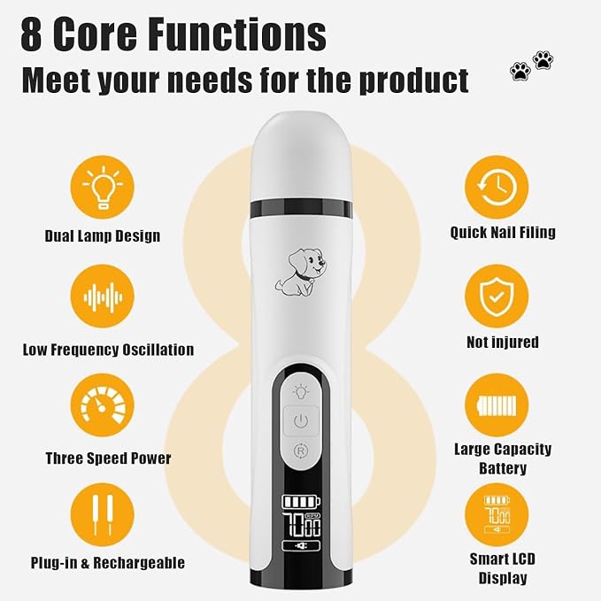 Silent Pets Nail Grinder with 2 Lights and 3 Speeds,Cordless Nail Trimmers | Rechargeable Dog Nail Trimmers,Painless Paws Grooming Pro for Small Medium Large Dogs & Cats (2 Replacement Heads)