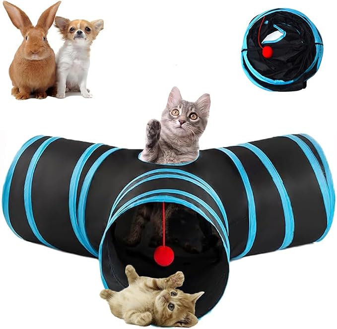 3-Way Collapsible Cat Tunnel Tube Toy Black Blue | Interactive Tunnel with Hanging Ball & Peek Hole for Indoor Cats, Kittens, Puppies, Rabbits | Hours of Fun & Exercise
