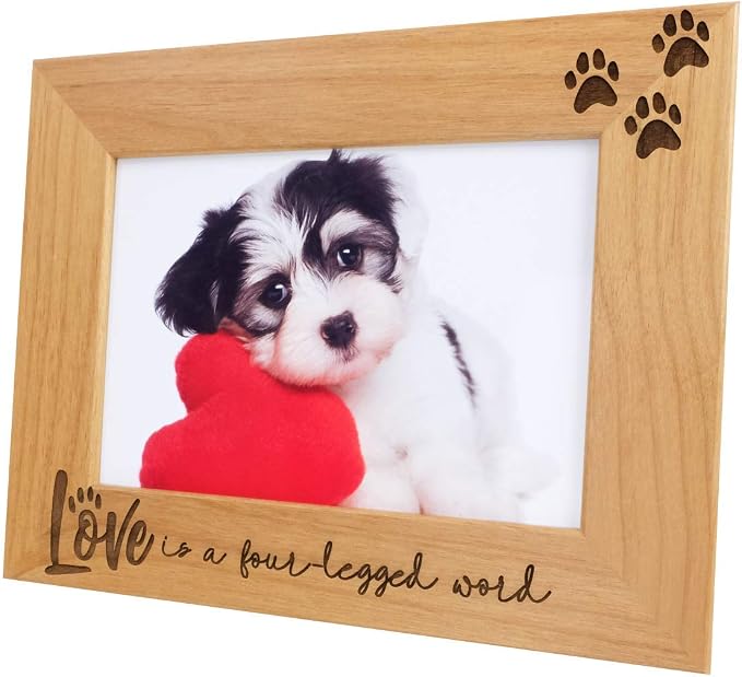 Love is a Four-Legged Word Wood Engraved Pet Picture Frame - Dog & Cat Mom & Dad Paw Print Memorial Frame - Gift for Pet Lovers (4x6 Horizontal)