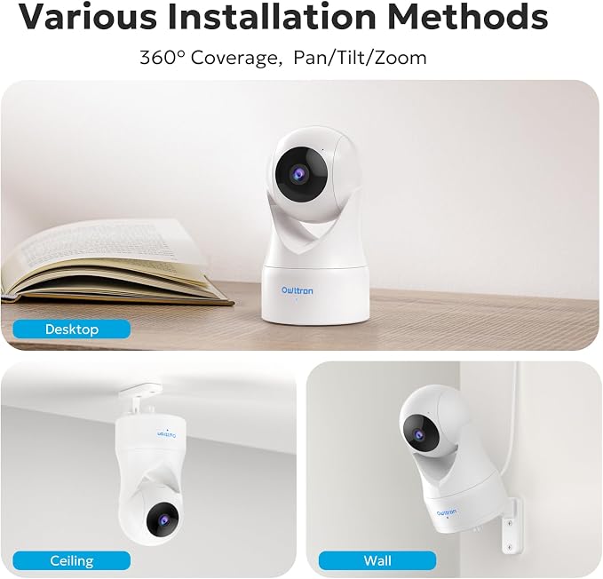 owltron Indoor Security Camera 2K, 360° Cameras for Home Security with Motion Detection, 2.4G WiFi for Baby/Pet/Nanny/Camara with Night Vision, Siren Alarm & 2-Way Audio, Compatible with Alexa