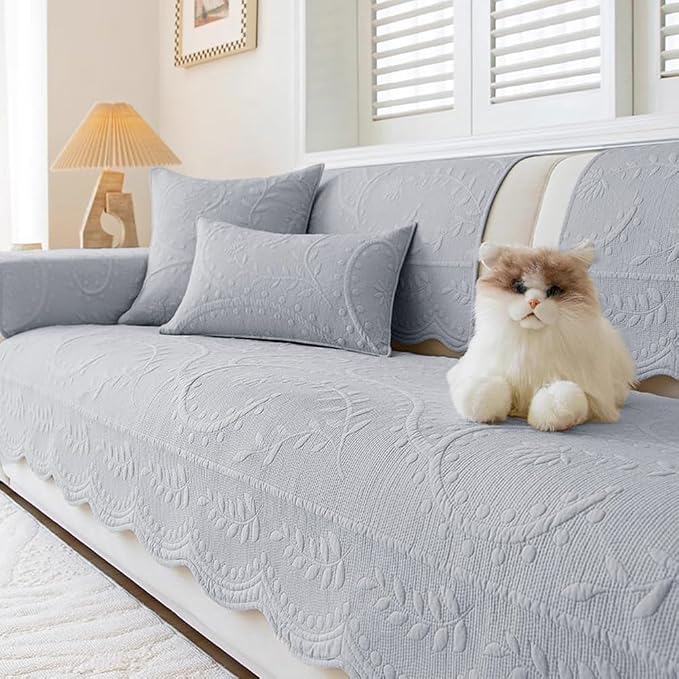 Leaf Floral Cotton Quilted Dog Couch Cover for Sofa Farmhouse Rustic Embroidered Sectional Couch Cover Soft Anti-Slip Sofa Slipcover Furniture Protector for Kids, Pets (Grey,43"x94")