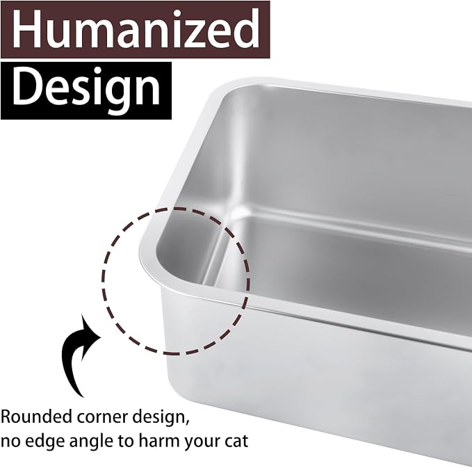 Stainless Steel Cat Litter Box 19.5"x13.6"x6" | For Adult Cats or Kitty/Kitten, Rust-Proof, High Side, Non Stick, No Smell, Easy to Clean