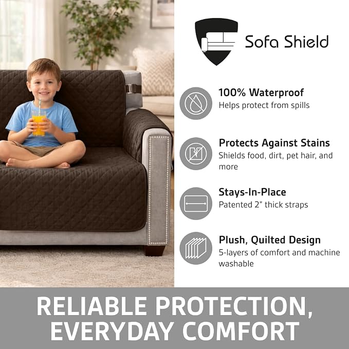 Sofa Shield 100% Waterproof Couch Cover with Patented Straps, Slip & Stain Resistant Furniture Protector, Machine Washable Sofa Slipcover for Dogs Cats Pets Kids, 23 inch Seat, Armchair, Brown