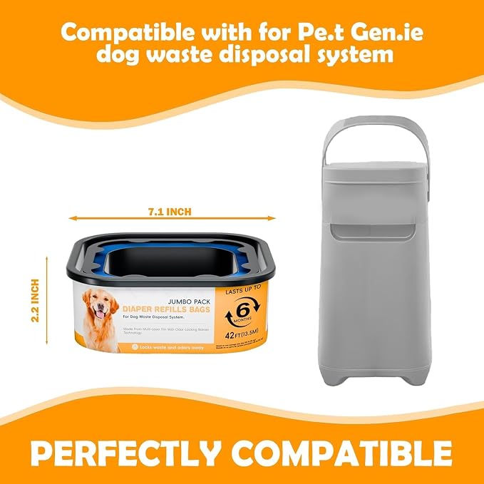 42FT Jumbo Square Refills Disposal Bags Refill Compatible with Pe.t Dogs Gen.ie Dog Waste Disposal System Pails, Up to 6 months of Supply,Ultimate Odor Control Dog Poop Bags, 4 Pack