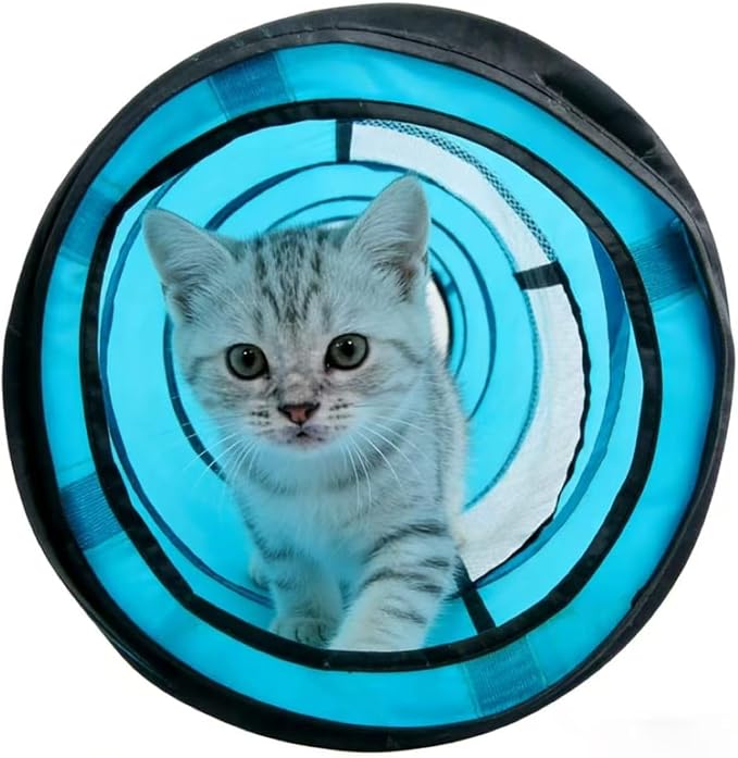 PAWISE Cat Tunnel for Indoor Cats, Collapsible Pet Tube with Peek Hole | Peek hole, tear-proof polyester, 10.5x34.5in, for cats rabbits, blue