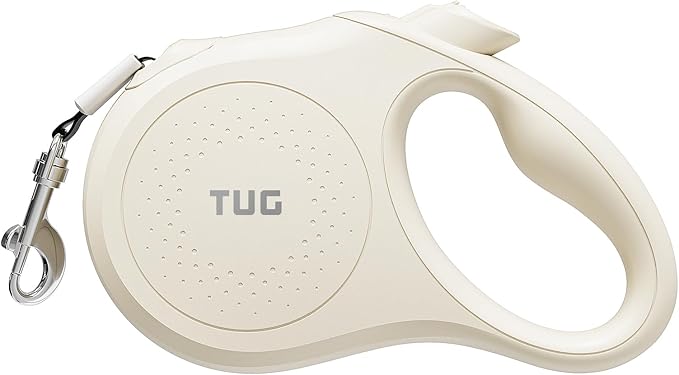 TUG Quest Retractable Dog Leash | 360° Tangle-Free Retraction | 16 ft Strong Nylon Tape (Large, Cream)