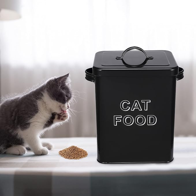 Cat Food Storage Container Farmhouse Pet Food Storage Containers with Lid and Scoop, Perfect Vintage Canister Treats Tin for Kitchen Countertop, Shelf, Great Gift for Pet Owners - Cat Food - Black