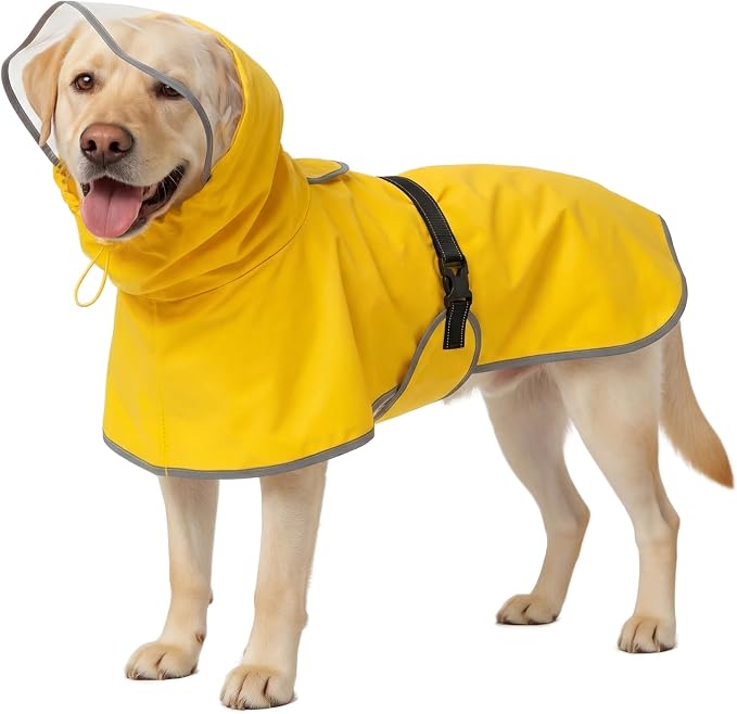 BRKURLEG Dog Raincoat, Waterproof Rain Jacket with Clear Hood for Small Medium and Large Dogs, Adjustable Reflective Pet Rain Coat Poncho with Leash Hole, Yellow XXL