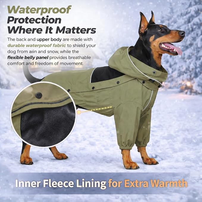 LOVELONGLONG Fleece-Lined Dog Raincoat with Removable Hood – Waterproof Winter Full Body Dog Jacket – Windproof Snowproof Cold-Weather Suit – Green-F M