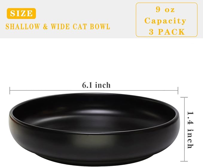 Ceramic Cat Bowls - Shallow Dishes for Food and Water, 6 Inch Matte Finish Wide Cat Food Bowl, Whisker Fatigue Free Pet Puppy Kitten Bowl Set of 3, Dishwasher Safe