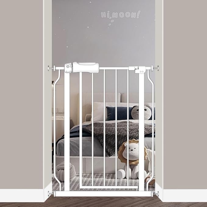 Fairy Baby 27 Inch to 29 Inch Wide Narrow Baby Gates for Small Doorways | Auto Close Double-Lock Safety Gates Pressure Mounted for Stairs Hallway Walk Through Kids or Pets, One-Hand Operation, White