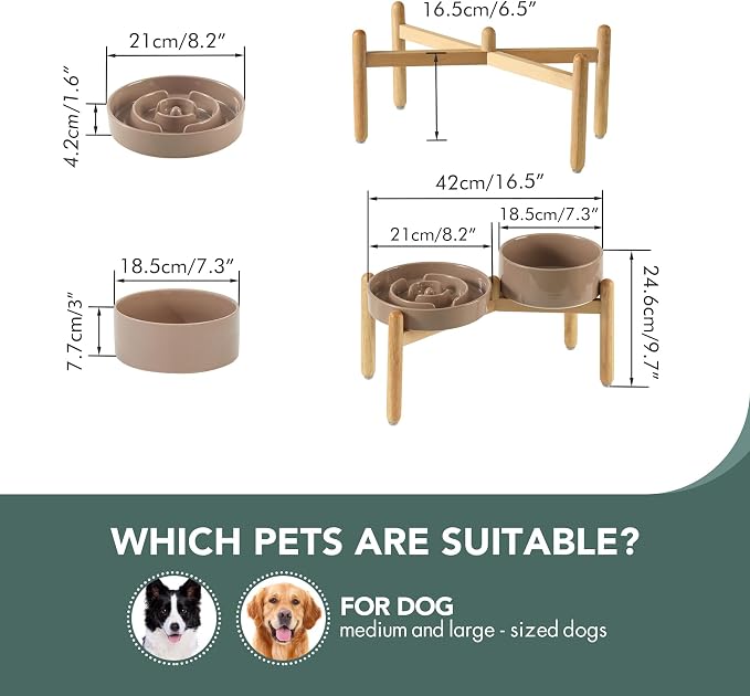 Havniva Elevated Slow Feeder Dog Bowls, Ceramic Dog Bowl Slow Feeder Set | 1.6 Cups Raised Slow Feeding Bowl for Medium Breed, 7.3” Dog Water Bowl with Wooden Stand, Puzzle Dog Slow Feeder, Non-slip