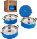 Healthy Human Travel Pet Bento Bowls - Human-Grade Stainless Steel & BPA-Free, Leak-Proof Water & Food Container Set for Dogs & Cats, 3-Pack Interlocking Bowls, Includes Spare Clips & Handle (Blue)