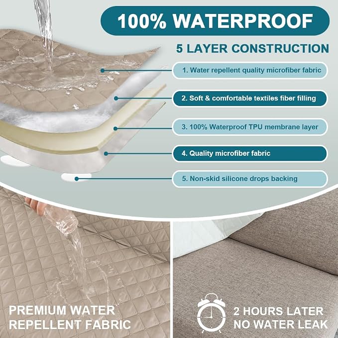 Turquoize 100% Waterproof Futon Cover Futon Slipcover Washable Armless Sofa Bed Slipcover Protector Seat Width Up to 70" with Adjustable Elastic Strap Anti-Slip for Dogs, Khaki