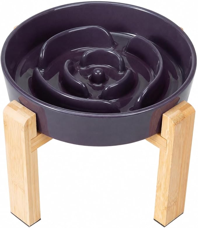 Elevated Slow Feeder Dog Bowl, 8.8" Ceramic Maze Dog Bowl with Stand | 3.2 Cups Slow Feeding Dog Dish for Fast Eaters, 7" Tall Anti-Slip Raised Slow Feeder for Medium to Large Breeds, Purple