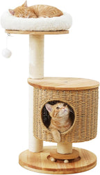 Solid Wood Cat Tree for Indoor Cats, Modern Cat Tower with Hand-Woven Condo & Sisal Scratching Post, Sturdy Wooden Cat Tree with Plush Perch, Aesthetic Cat Furniture for Small to Medium Cats