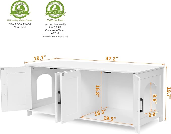 Homhedy 47.2”L Cat Litter Box Enclosure for 2 Cats, White | Wooden Litter Box Furniture Hidden with Double Room, Cat Washroom, Cat House, Dog-Proof, TV Stand,Farmhouse Style