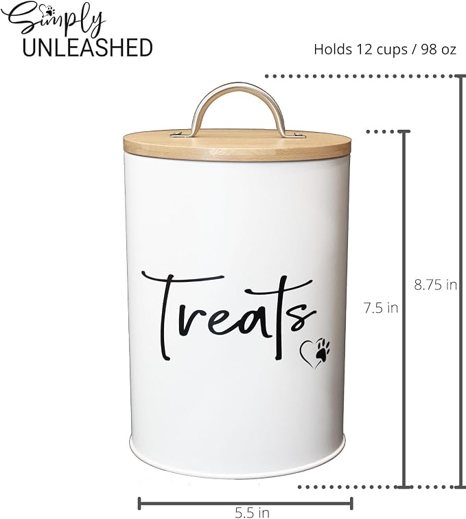 White Dog and Cat Treat Container with Easy to Open Bamboo Lid, 98 oz/12 cups