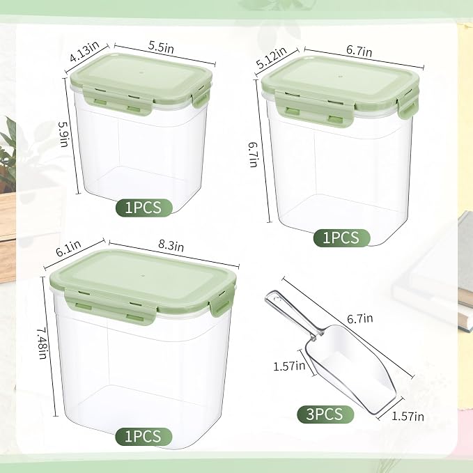 Patelai 6 Pcs Dog and Cat Food Storage Containers with Scoops Set Plastic Pet Food Storage Containers Stackable Airtight Dry for Kitchen 1.27, 2.4, 4 Qt (Green)