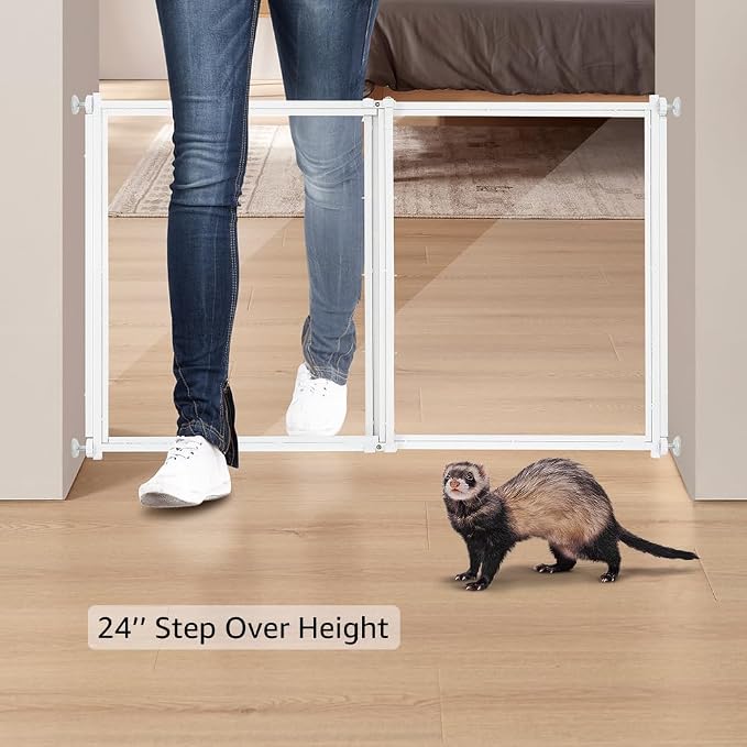 beeNbkks Clear Ferret Gate, Step Over Short Dog Barrier | 24" Tall Transparent Acrylic, Fits 22"-39" Wide Openings, No Drilling Pressure Mounted, Safely Blocks Ferrets & Small Dogs