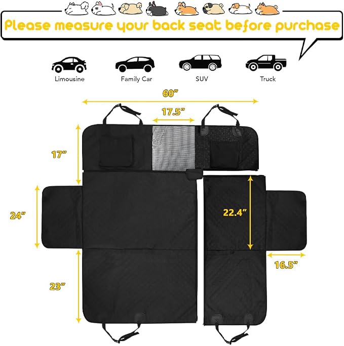 Vailge 6 in 1 Car Seat Cover for Back Seat, 60/40 Split, 100% Waterproof with Mesh Window, Scratch Prevent Anti-slip Dog Hammock, Large