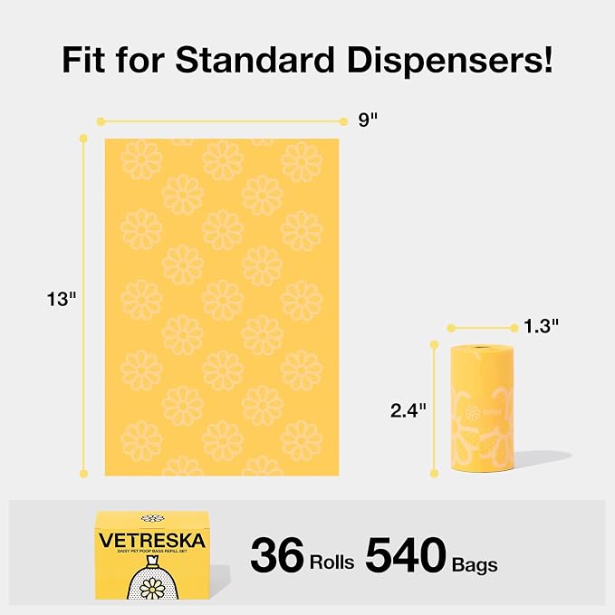 VETRESKA Daisy Scented Dog Poop Bags, 540 Counts, Leak-proof and Large | Extra Thick Pet Waste Bags for Dog Walking and Cat Litter, 36 Refill Rolls
