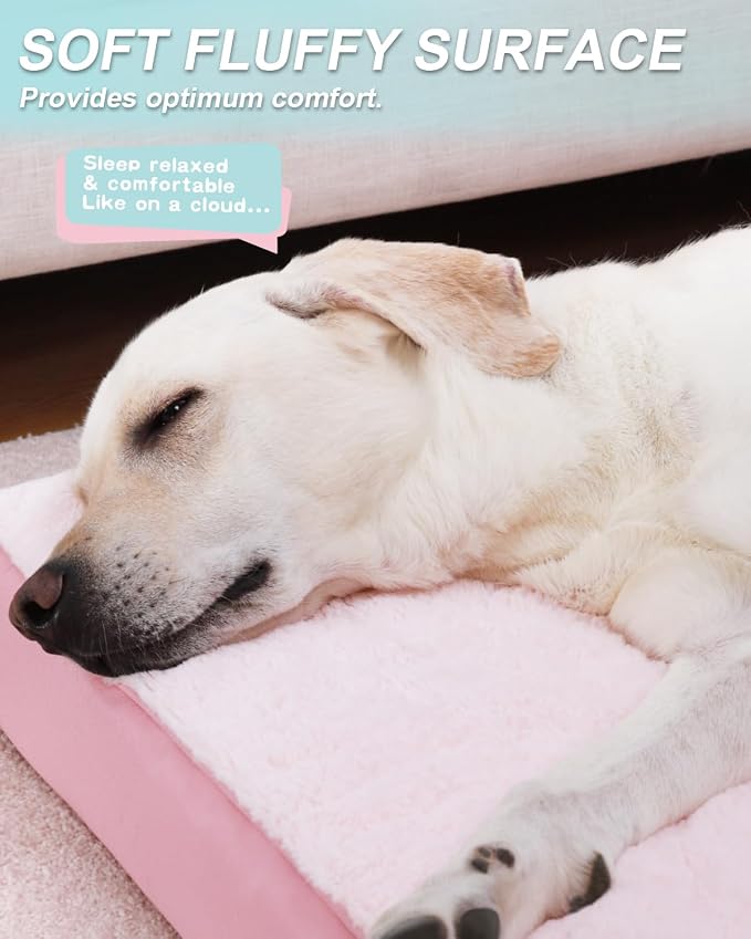 KSIIA Orthopedic Dog Bed for Extra Large Dogs with Waterproof, Pink, 47x29 | Deluxe Soft Plush Dog Crate Bed, Washable Pet Mat with Removable Cover & Egg Crate Foam for Extra Large Dogs Sleeping